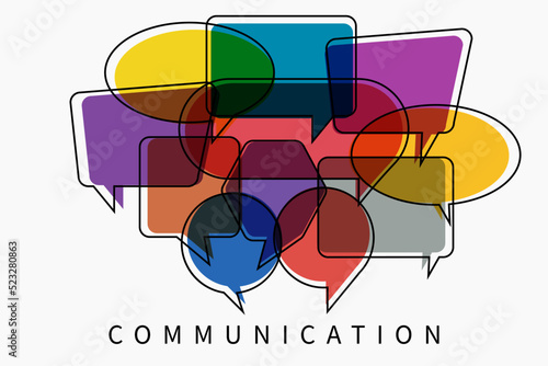 Vector illustration of a communication concept. The word communication with colorful dialog speech bubbles. Message question concept.