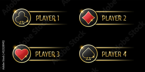 Spades, diamonds, hearts and clubs signs on round button. Ui element for mobile app or web site. Vector set of four casino or poker themed name navigation panels on black background.