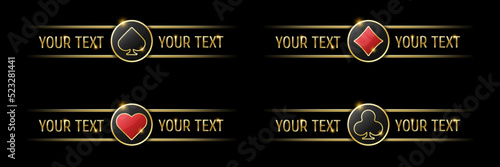 Spades, diamonds, hearts and clubs signs on round button. Ui element for mobile app or web site. Vector set of four casino or poker themed name navigation panels on black background.