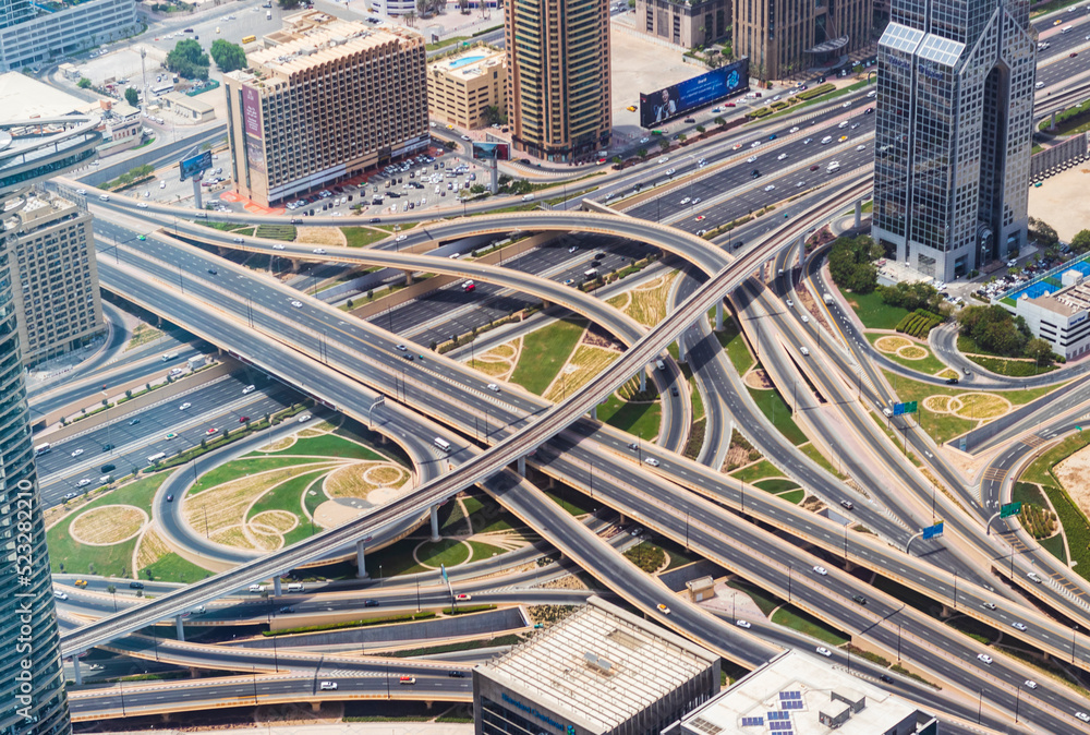 Naklejka premium Dubai, UAE - 07.18.2021 - Areal view of main road of UAE, Sheikh Zayed road. City