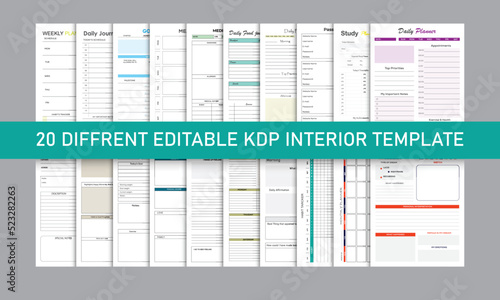 Kdp Interior design bundle ,daily planner, journal, sheets, work out log book 20 different template in one file.