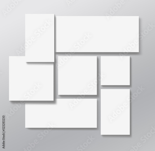 Photo collage template.  Mosaic pictures frame. Empty gallery banner. Portfolio images isolated on gray background.
