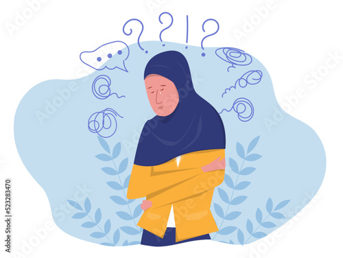 Muslim woman suffers from obsessive thoughts; headache; unresolved issues; psychological trauma; depression.Mental stress panic mind disorder illustration Flat vector illustration.