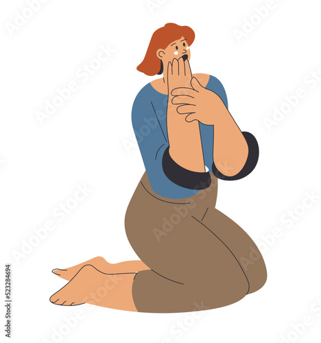 Scared female character gasping, afraid woman