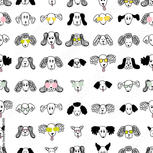 Doodle style dogs in sunglasses seamless pattern. Animalistic characters print for tee, textile and fabric. Hand drawn vector illustration for decor and design.