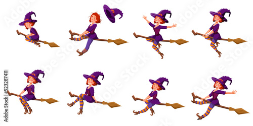 A set with cute witches on a broom in different poses. Vector illustration in cartoon style.