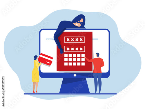 Hacker steal password; Digital money theft attack male client applications; get usernames and password. Phishing and bank fraud. Vector illustration.