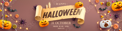 Fotografia Halloween Promotion Poster or banner template with halloween pumpkin ghost, candy,string lights and halloween elements