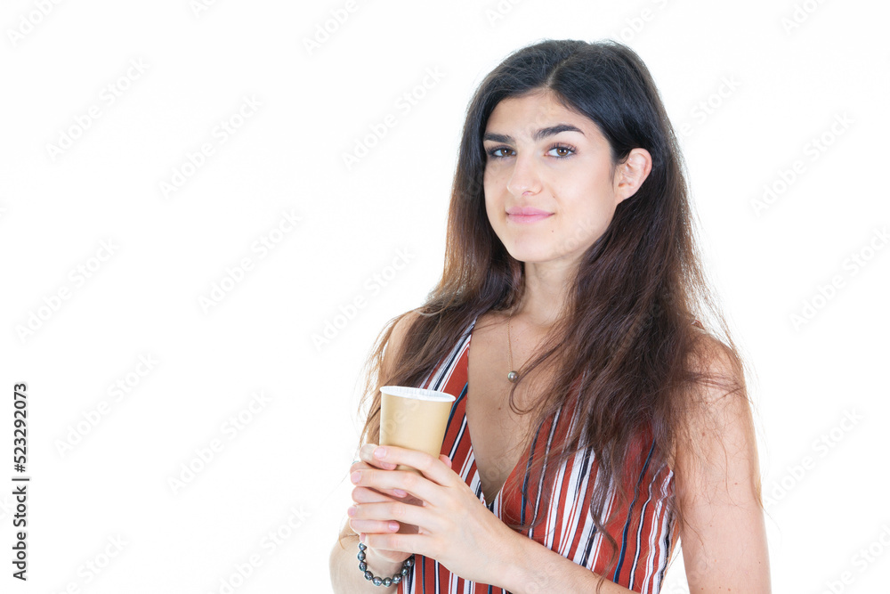 woman pretty lovely cheerful brunette girl holding paper-cup carton coffee isolated on white background woman pretty lovely cheerful brunette girl holding paper-cup carton coffee isolated on white background