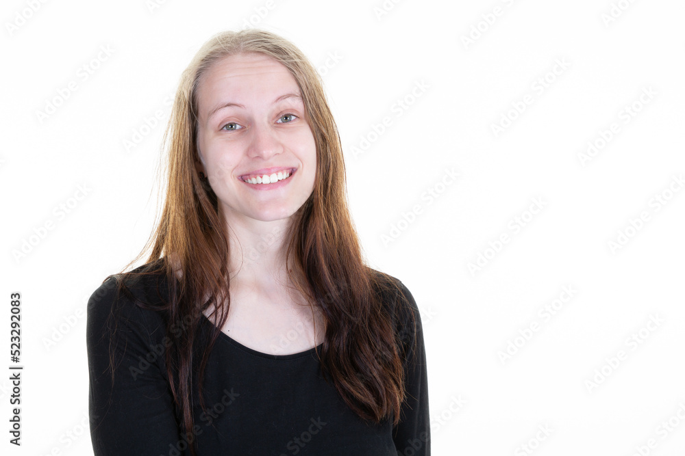 attractive young smiling blonde woman in black pullover laughing looking at camera over white background attractive young smiling blonde woman in black pullover laughing looking at camera over white background
