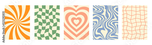 Retro groovy set waves, swirl and checkered distorted backgrounds. Trendy vector texture in retro psychedelic style. Pastel colors