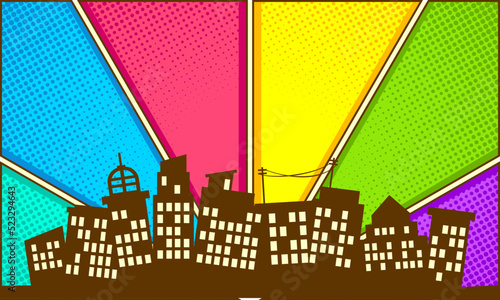 Colorful comic background with city silhouette