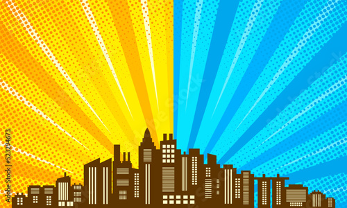 Comic cartoon background with city silhouette