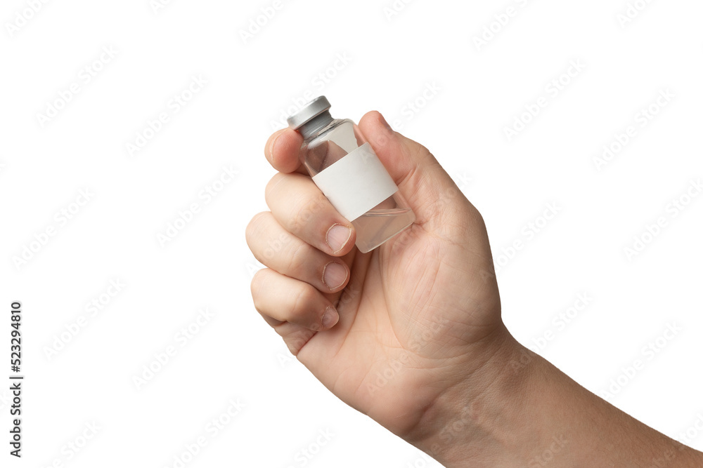 Man hold a vial with blank lable, isolated on white background Man hold a vial with blank lable, isolated on white background