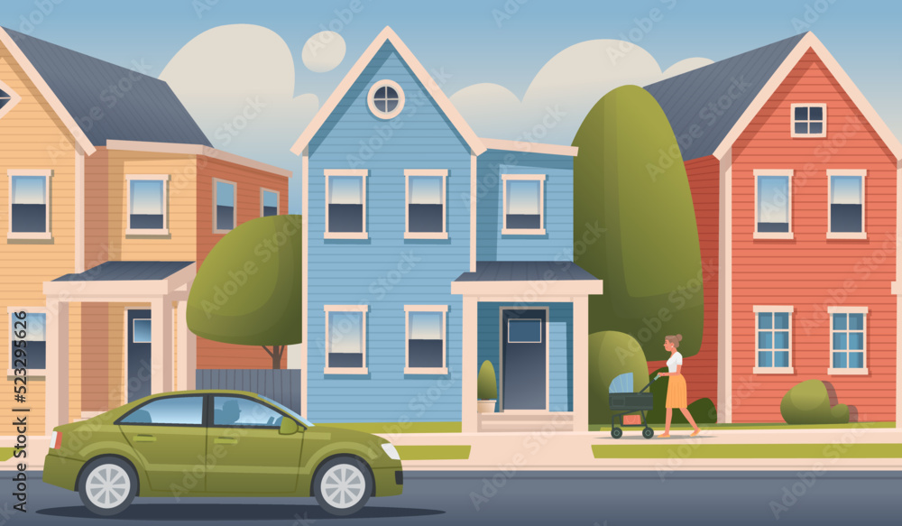 Suburban street. Private two-story houses, sleeping area. Pedestrian and passing cars. The concept of a quiet country life Suburban street. Private two-story houses, sleeping area. Pedestrian and passing cars. The concept of a quiet country life