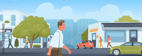 People walking along the city street. Urban panorama of the with citizens, cars, buildings and trees