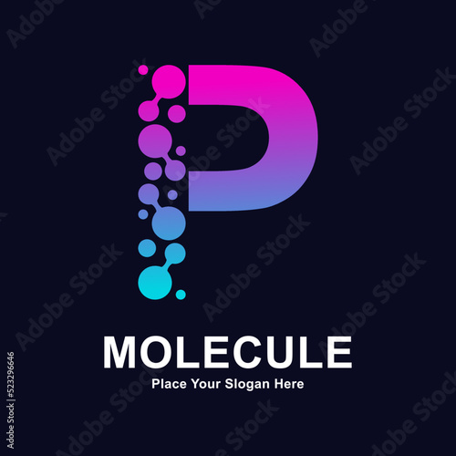 Letter P molecule dots logo vector template. Suitable for business, initial, Medicine, science, technology, laboratory, electronics