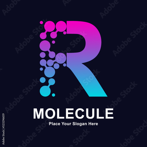 Letter R molecule dots logo vector template. Suitable for business, initial, Medicine, science, technology, laboratory, electronics