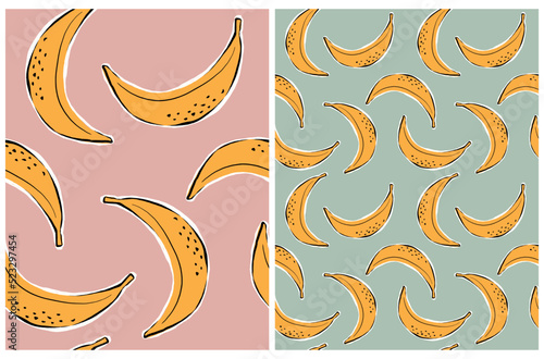 Infantile Style Vector Seamless Patterns with Yellow Banana with Black Spots isolated on a Blush Pink and Mint Green Background. Cute Repeatable Print with Sweet Simple Hand Drawn Exotic Fruits.