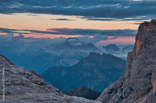 Fototapeta Naklejka Na Ścianę i Meble -  Sunset from Rifugio Mulaz, Alta Via 2, Dolomites, Italy