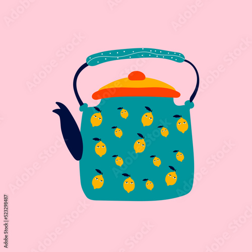 Autumn illustration, sticker kettle, teapot with homely cute things. Vector design for card, poster, flyer, web and other use	