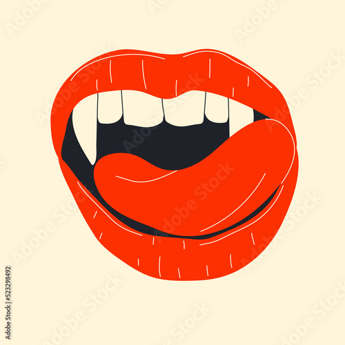 Vampire mouth with fangs . Closed, open female red lips with long pointed canine teeth and bloody saliva express different emotions isolated on background Cartoon vector illustration, clip art