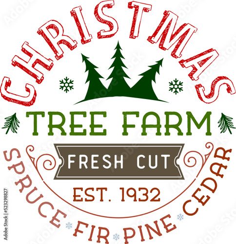 Christmas tree, fresh spruce, cedar, fir, pine. Vintage Christmas sign. Hand lettering typography invitation card. Winter entertainment advertising sign isolated on white background.