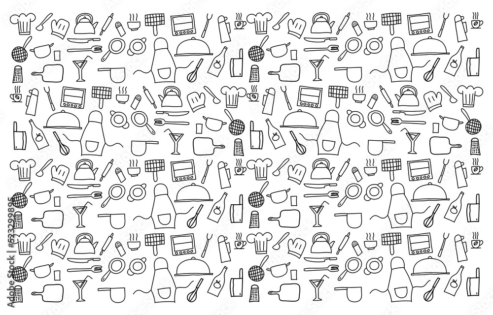 hand drawn doodle pattern background of kitchen set icon