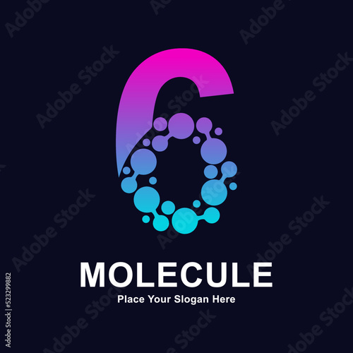 Number 6 molecule dots logo vector design. Suitable for business, initial, Medicine, science, technology, laboratory, electronics
