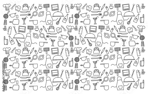 hand drawn doodle pattern background of kitchen set icon