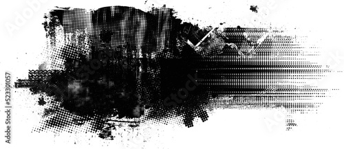 Glitch distorted geometric shape . Noise destroyed logo . Trendy defect error shapes . Glitched frame .Grunge textured . Distressed effect .Vector shapes with a halftone dots screen print texture.