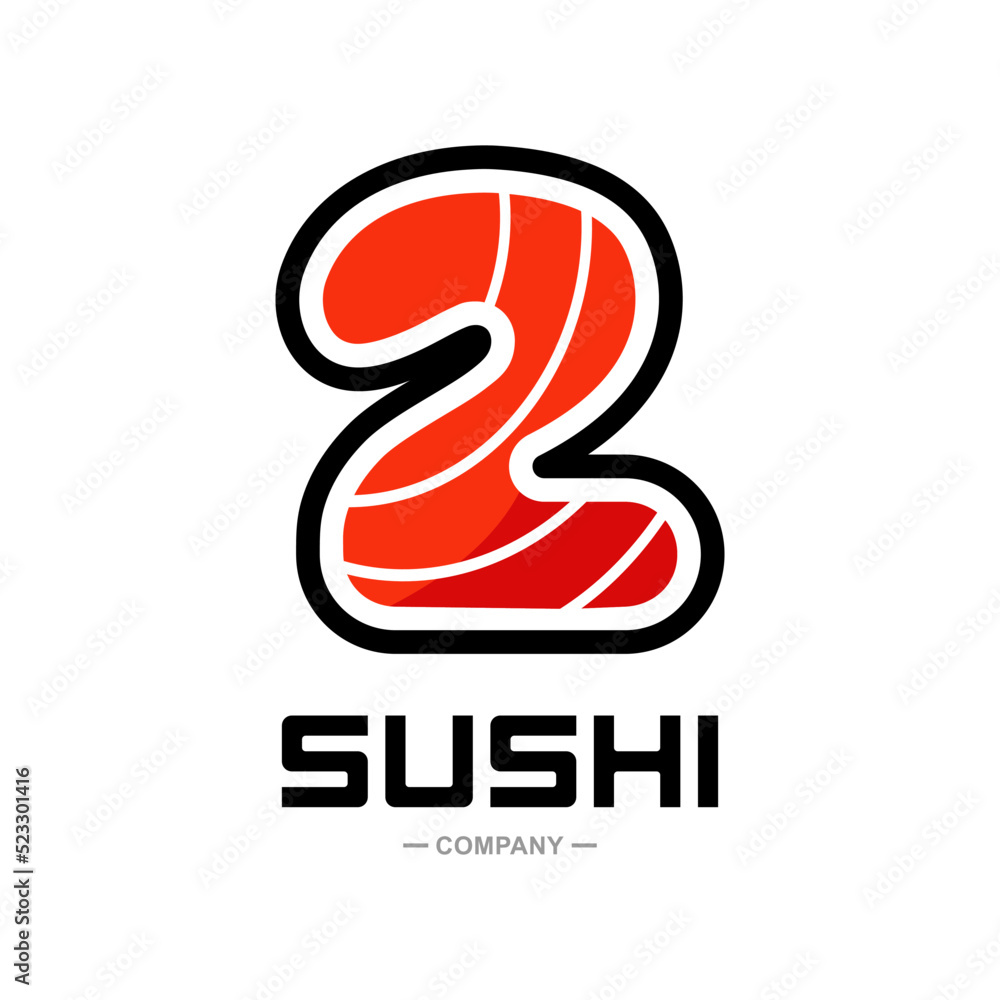 Number 2 sushi vector logo template. Suitable for restaurant or bar sushi, emblem of Japanese food with icon shape of sushi, label or sticker initial Number 2 sushi vector logo template. Suitable for restaurant or bar sushi, emblem of Japanese food with icon shape of sushi, label or sticker initial