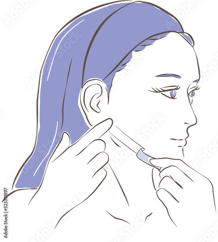 顔にリフトアップテープを貼る女性の横顔イラスト