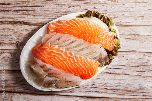 Fresh salmon sashimi and white fish sashimi 