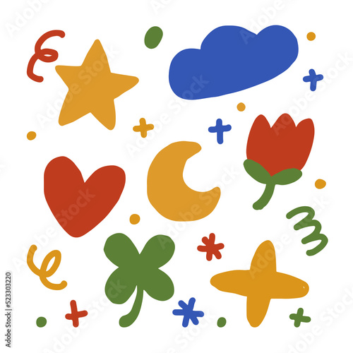 Vector hand drawn elements, background, Labels, faces, heart, wave, star, dot
