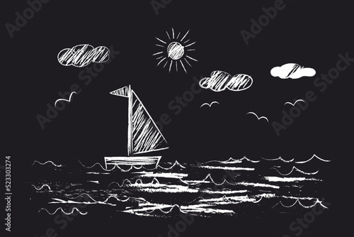 Sea, Sailboat, Sun, clouds, seagulls - doodles drawn by a child's hand with white chalk on a blackboard. Seascape illustration isolated on black background