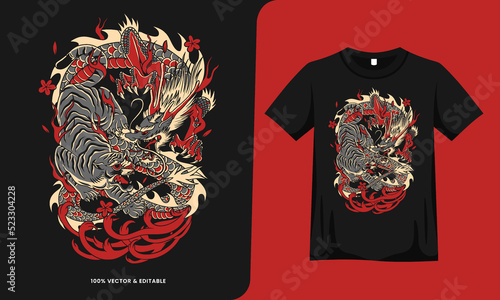 angry tiger and dragon japan tattoo artwork on black background. vector illustration