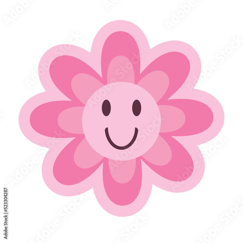 FCute smiling daisy flower in pink color. Vector illustration isolated on white background. Cute y2k clip art, retro, vintage design element. Modern trendy psychedelic smile photo