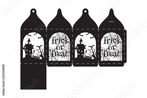 Happy Halloween treat box. Gift party favor box for sweets, candies, small presents, bakery. Simple packaging die cut template for laser cut with bats silhouette. Vector stock illustration