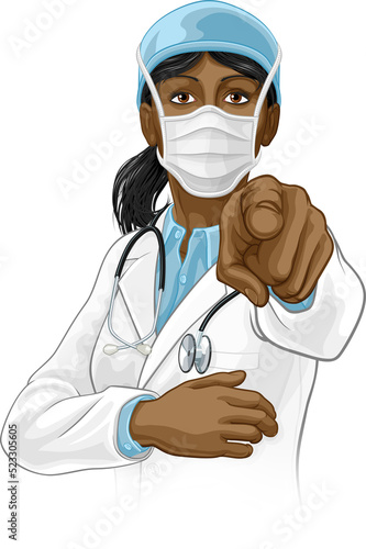 Photo A woman doctor pointing in a your country needs or wants you gesture