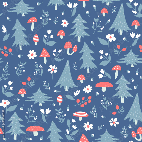 Seamless woodland nursery pattern in blue, red and white. photo