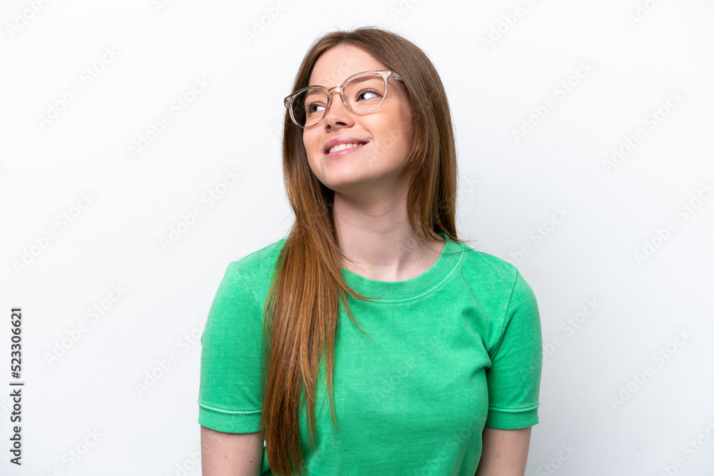 Young caucasian woman isolated on white background With glasses with happy expression Young caucasian woman isolated on white background With glasses with happy expression