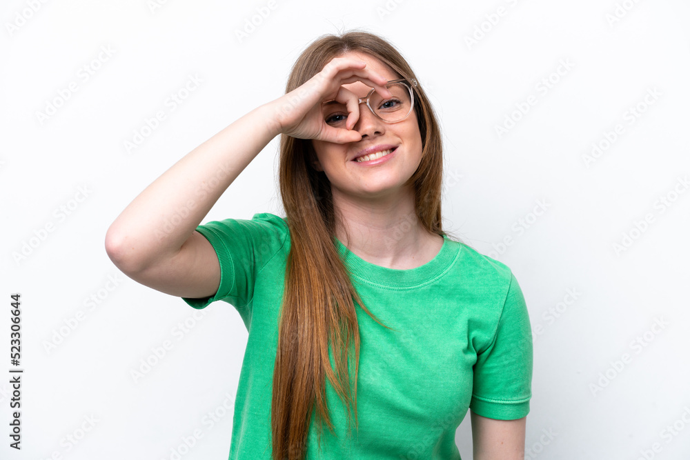 Young caucasian woman isolated on white background With glasses with happy expression Young caucasian woman isolated on white background With glasses with happy expression
