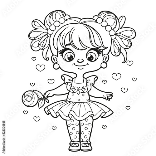 Cute cartoon girl in tutu and holding a rose in hand outlined for coloring page on white background
