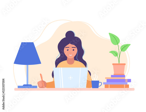 Woman working with laptop from home. Student female character. Vector illustration