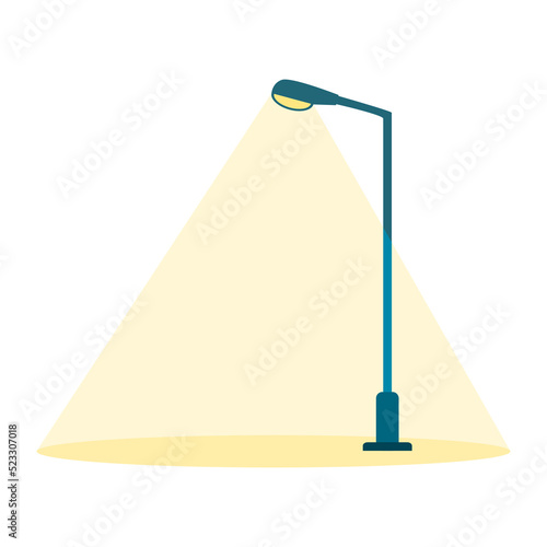 Blue streetlight lamp pole illumination yellow light at night time on white background flat icon vector design.