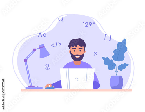 Man programming. Businessman with laptop. Male character. Vector illustration