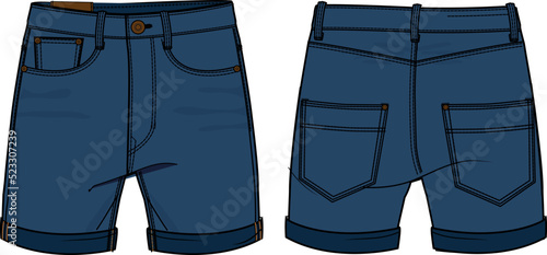Denim Shorts design flat sketch vector illustration, Chino casual shorts concept with front and back view, printed walking bermuda walking jeans shorts design illustration