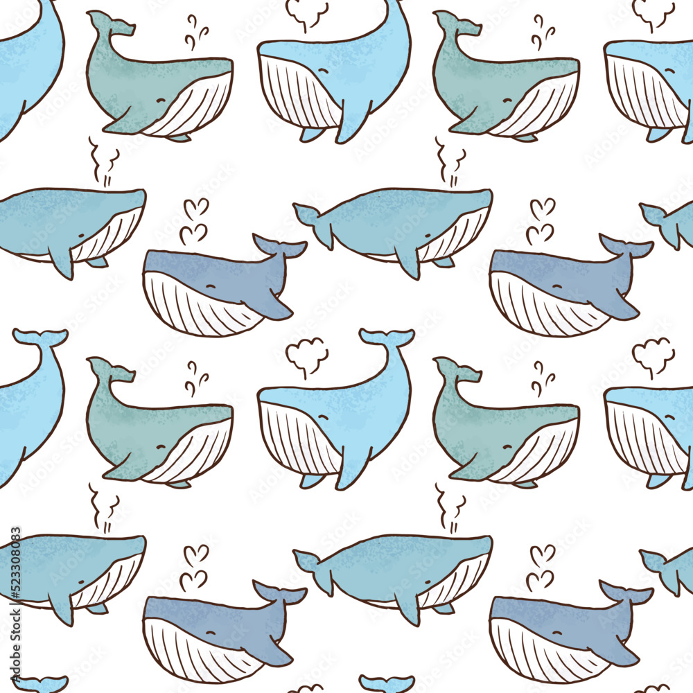 Seamless Pattern with Cartoon Whale Design on White Background