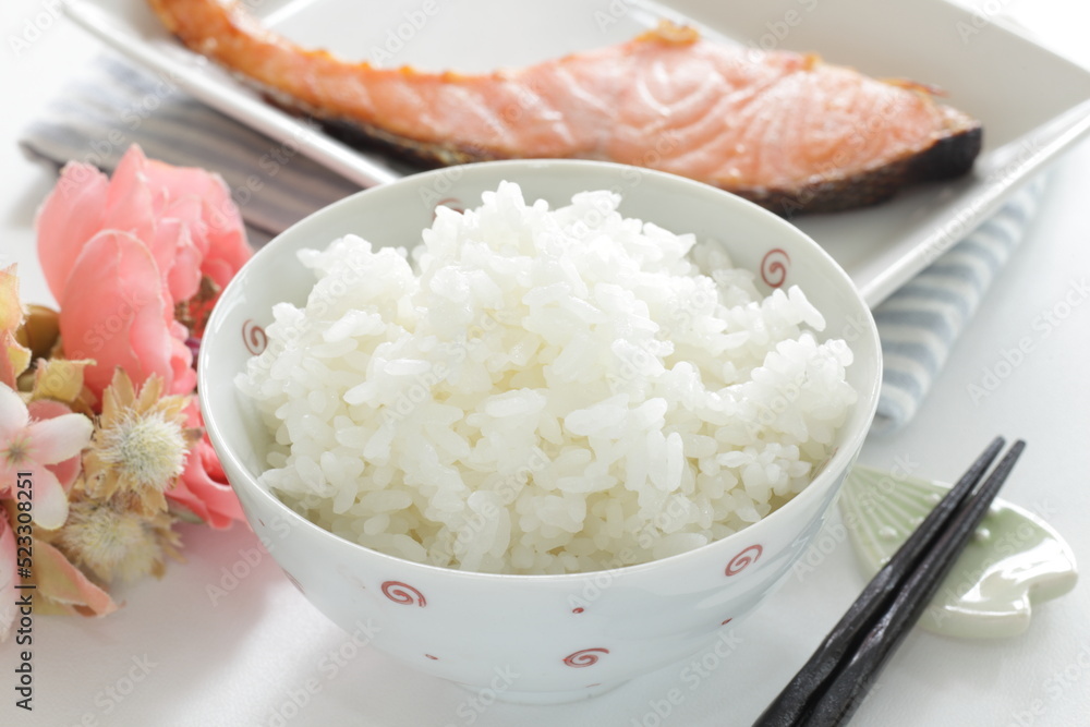 Japanese food, grilled salmon fillet served with rice Japanese food, grilled salmon fillet served with rice